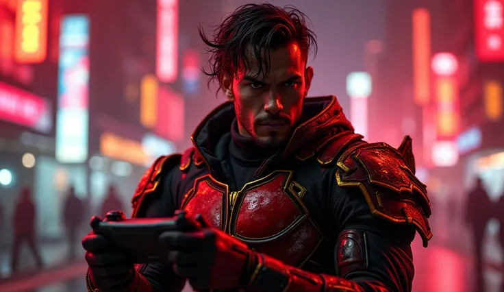  A cyberpunk hero in black and red armor ,  with gold details shining under neon light .  The character has a determined and confident look ,  holding a video game control console as if it were his weapon .  The background is a futuristic city with neon li...