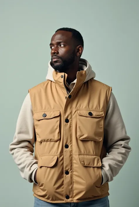 Photo of a colored man where you can't see his head , qui met un gilet beige claire de sécurité de couleur uni en style oversize avec uniquement deux poches et une fermeture noire , You can clearly see the vest