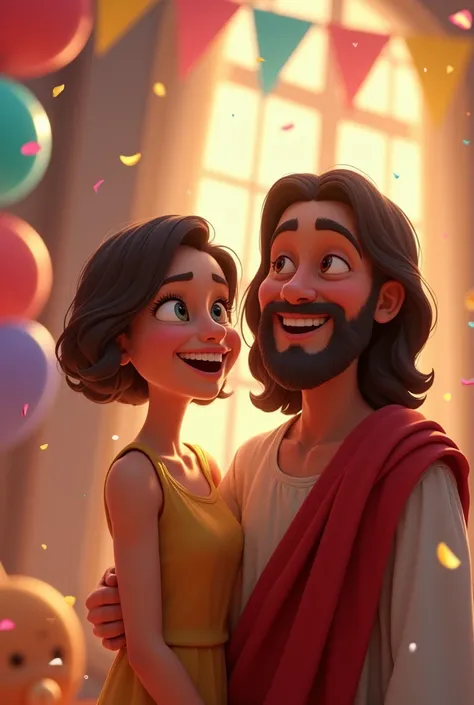 Creating a woman of  "35 years old",  short hair,next to Jesus and  " looking forward",at your birthday party, in a party room , illuminated,   with confetti and balloons, in style "Pixar Disney"