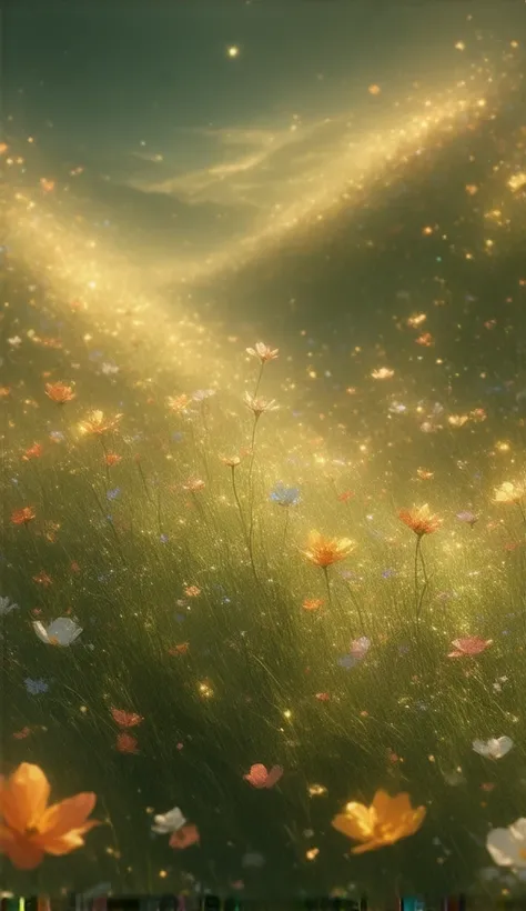 A vast field of colorful flowers, anime style, soft focus, 3D, depth of field, magical, 4K resolution