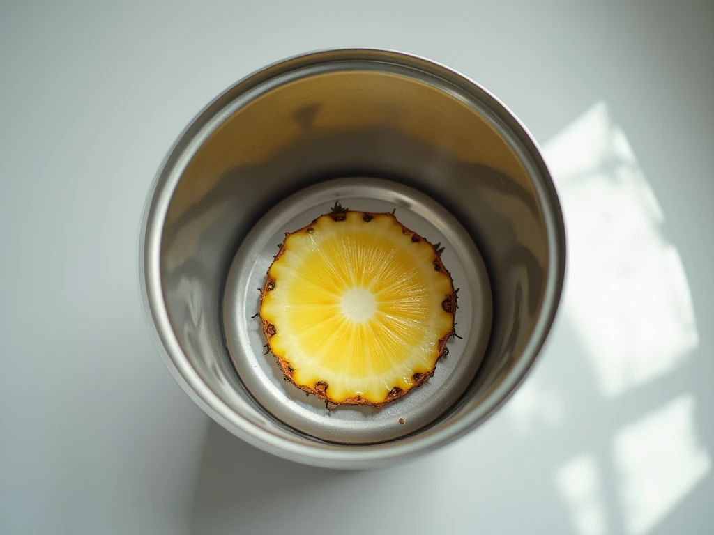 An image of the inside of an empty metallic soda can, with a single slice of pineapple sitting alone at the bottom, full HD, taken on a Canon EOS R5 F1.2