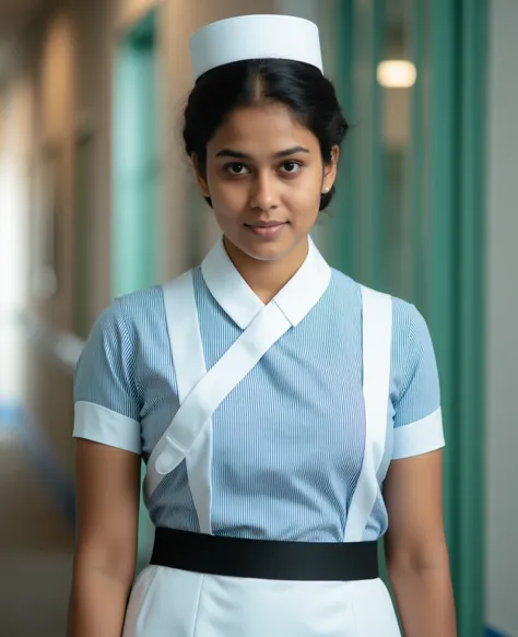 sri lanka ,1girl,Nursing Officer uniform, wearing nurse cap, black belt, from behind, upper part is 2 10cm broad white straps cross each other like a X, over the striped shirt.white collar and white arm bands, big boobs.White color skirt. soft studio light...