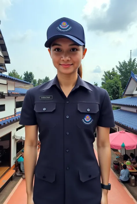 afdc, นักรบสีน้ำเงิน, A medium-sized fair-skinned young woman stands in a bustling street scene. She is wearing what appears to be a dark blue police or security uniform. The uniform has two pockets on the chest and one on each side. What appears to be a s...