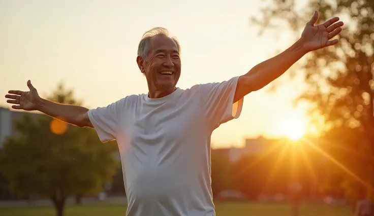 A 60-year-old Japanese man, appearing energetic and healthy, standing outdoors during early morning. The sun is rising in the background, casting a warm, golden light. The man is smiling and stretching, wearing casual, comfortable clothing. The scene inclu...