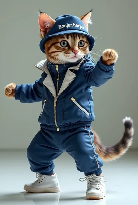 A cool and cute male cat is dressed as a kpop dancer and standing on the floor dancing。  The hat says BANJARHARJO。
The coat color is a navy blue of silver and white.。