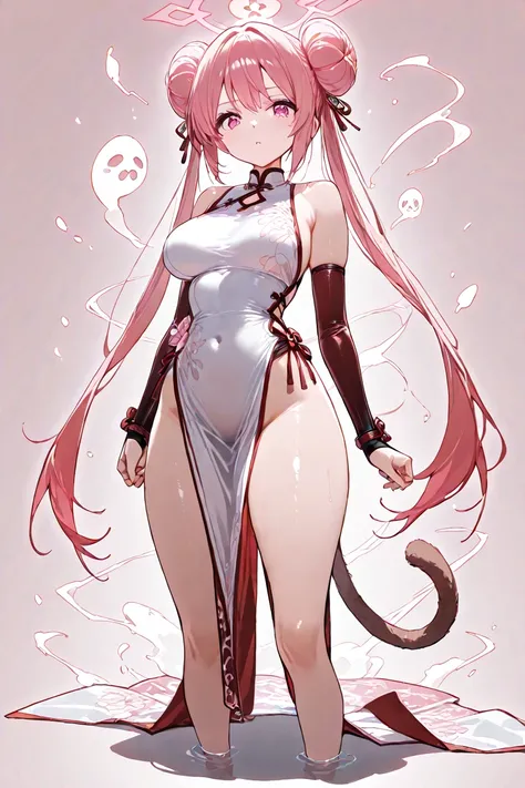 Monkey Background 、Pink Eyes、Monkey Background、Combat Arms、Aura of Ghost of a monkey background、Pink eyes and twin bun hair、A beautiful girl in a white one-piece dress and combat gear is surrounded by a red monkey aura in the background.、Full image of the ...