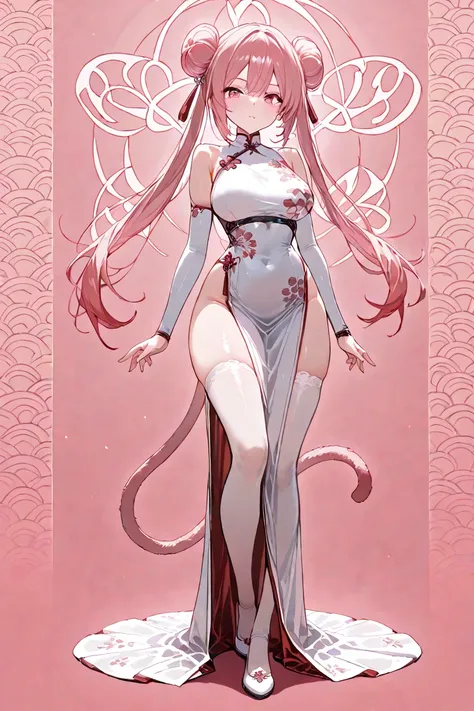 Monkey Background 、Pink Eyes、Monkey Background、Combat Arms、Aura of Ghost of a monkey background、Pink eyes and twin bun hair、A beautiful girl in a white one-piece dress and combat gear is surrounded by a red monkey aura in the background.、Full image of the ...