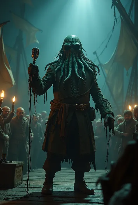 Davy jones from the pirate of the Caribbean is holding a microphone and he has a crowd of his crew in the background 