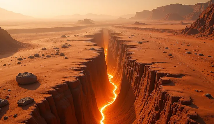 An aerial view of a vast, barren Martian landscape with a dramatic, deep crack splitting the terrain. The reddish-orange desert surface is marked by intricate patterns of erosion, jagged cliffs, and deep fissures, revealing glowing molten rock beneath. The...