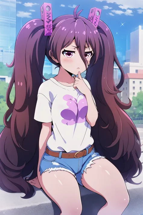 (masterpiece, best quality), tsubuzakianko, solo, outdoors, city, purple hair, antenna hair, twintails, hair ornament, hair between eyes, very long hair, pink eyes, medium breasts, white shirt, denim shorts, cutoffs, belt, closed mouth, pink lips, 