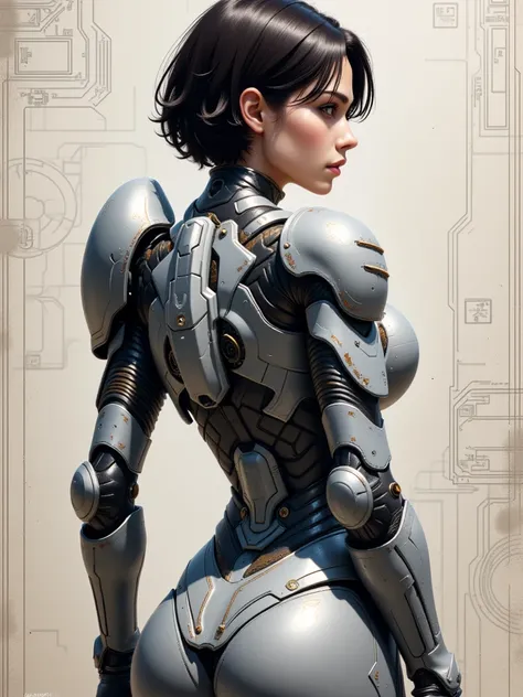 A futuristic female character wearing a highly detailed mechanical armor, with a large device on the back, set against a background featuring technical drawings or circuit diagrams, showcasing a high-tech and sci-fi aesthetic.