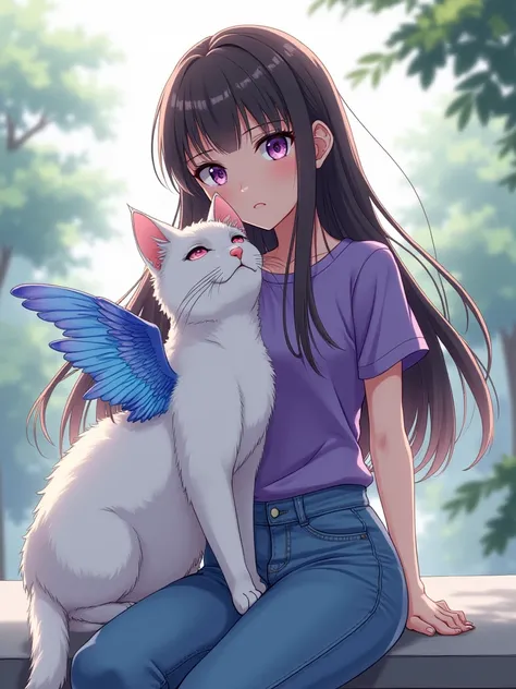  Anime style,  A beautiful white girl , with long hair knee-length dark brown cat with a human appearance and purple eyes. He wears a purple t-shirt and blue jeans, It has blue wings on its back 