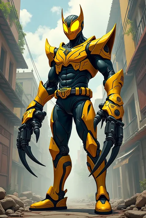 This image features a superhero or character resembling a kamen riders-style figure in a yellow and black suit, holding a big claw, with malaysia culture accents displayed.