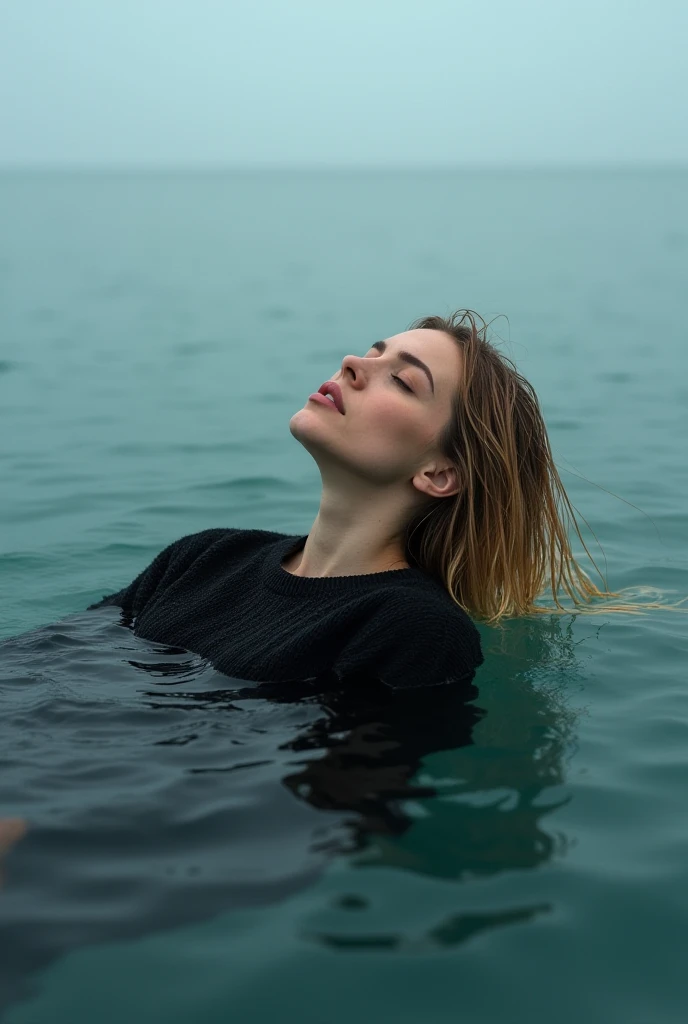 Woman relaxing swimming into sea, wet black sweater, wet blonde hair, rain