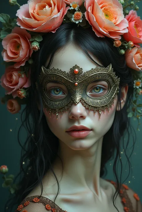 Image of a girl wearing a mask that covers half of her face and leaves only one eye uncovered and surrounded by flowers
