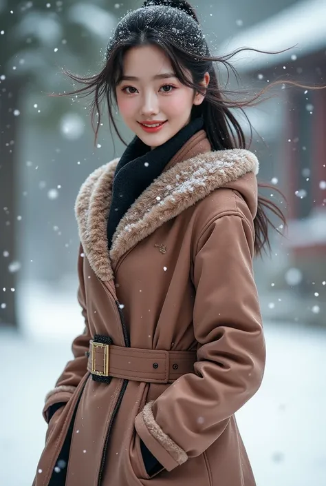  An elegant Chinese woman ,She puts her hands in her pockets， stand straight ，With a sweet smile,Look into the camera, } Wearing an apricot coat , with a slim dress of the same color , show a smooth line , adds a bit of warmth and luxury , Her black high b...