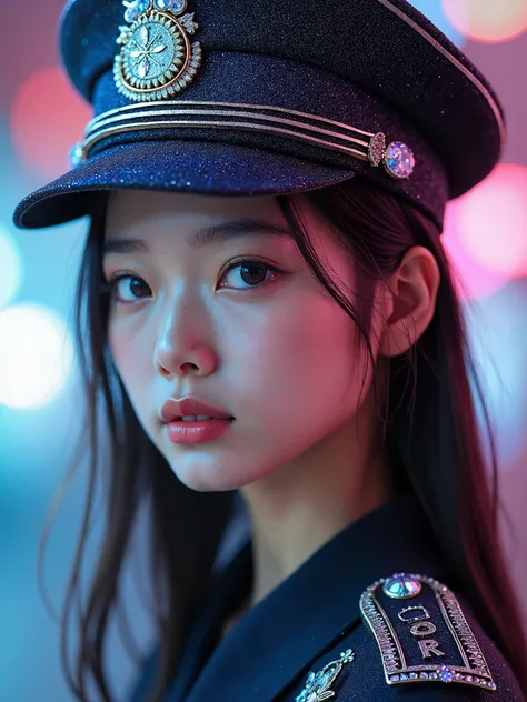 real photograph, Glittering and bright portraits, (masterpiece), (highest quality), (Super detailed), (shape), (one japanese girl), Pretty face like an idol, (a frill and jewelry glitter swat uniform police cap fully made from geometric prisms ), big breas...