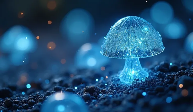 microworld macro photo  low angle shot from the ground of close up detailed  hologram ice bioluminescent  mushroom lights and shadows , magic, mystical, sparks, intricated play dynamic movement Kuindzhi Rockwell,  transparence intricated lighting, dynamic ...