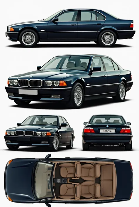 "Generate 12 high-quality, detailed images of a 2001 BMW 7 Series luxury car. Showcase every angle with a focus on the exterior, including the front grille, headlights, taillights, side profile, wheels, and rear view. For the interior, capture the dashboar...