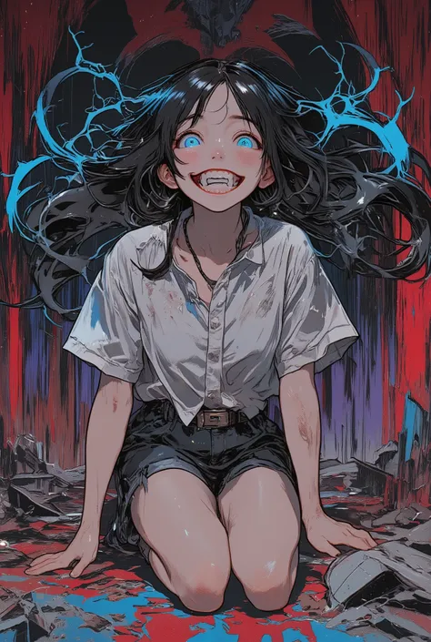 masterpiece, best quality, ultra-detailed, dramatic lighting, vibrant color palette, bold composition, a striking and intense depiction of a young girl kneeling in a dark, eerie room, her long jet-black hair flowing wildly with sharp, vibrant highlights ca...