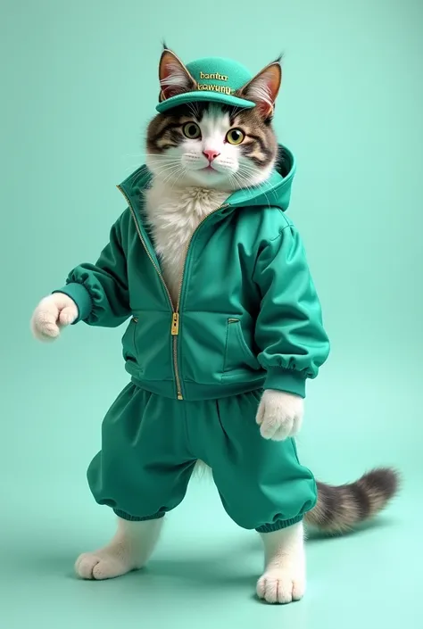 A cool and cute male cat is dressed as a kpop dancer and standing on the floor walking。  The hat says BANTARKAWUNG。
The coat color is a tosca of green and white.。