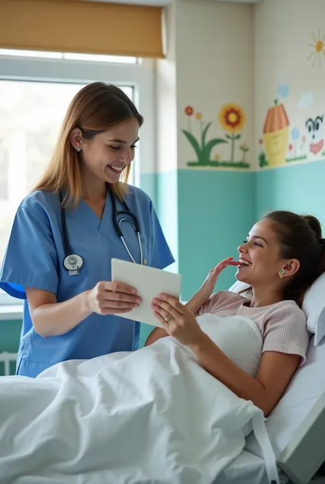 "Nurse educating mother in hospital room with booklet,   with IV playing in hospital bed, hospital walls decorated with cartoon drawings, warm and caring atmosphere, medical education scene, healthcare, pediatric care, comforting environment"