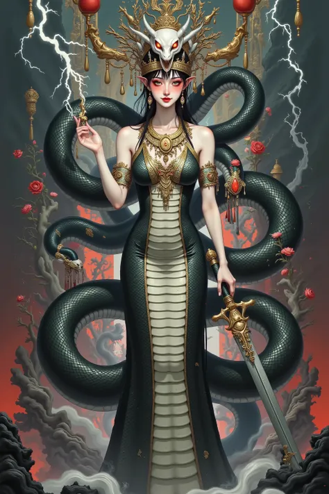 Scary Cleopatra，skull crown， snakeskin dress ，black python wrap， red eyes。 wield a long sword。Suspended buildings，lightning