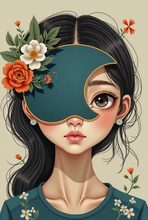 Image of a girl who wears a mask that covers the shape of a moon that covers almost her entire face and that leaves only one side uncovered, that has several flowers surrounding her and that she has a flower in her eye.