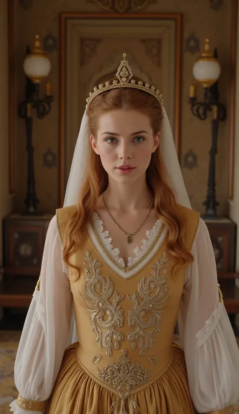 photo from the movie suleyman magnificent century, a very beautiful young woman is the wife of the sultan from ukraine, her hair is beautiful wavy ginger, her eyes are light green, wearing a traditional ottoman dress with, chiffon flounce long sleeves, wea...