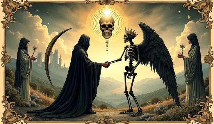 A highly detailed vintage-style illustration depicting the meeting of death and spirituality. The scene features a hooded grim reaper holding a scythe, shaking hands with a crowned skeletal figure with large, intricate wings. The background includes a surr...