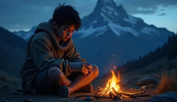 The boy sitting by a small fire at night, wrapping his injured hand, while the mountain looms in the background.