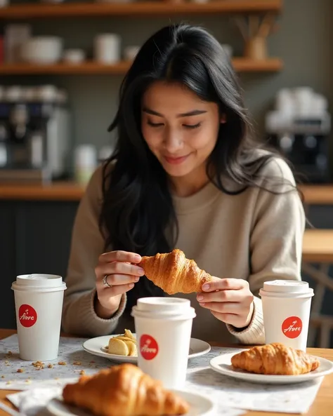 A    , likely   light-skinned pakistani looking and black haired, is seated at a cafe table.  The  wears a light beige, hooded sweatshirt.  The  is positioned slightly off-center to the left of the image.  They are facing the camera and are actively dippin...