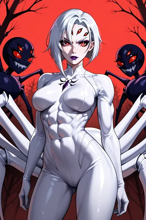  masterpiece, HD , great quality,  very aesthetic, absurd,  high contrast ,  high color palette , light glare ,Latest ,2.5D, volumetric lighting , 1 arachne ,  medium breasts,  spider eyes on forehead ,  glowing red eyes ,abs,muscles,  athletic body ,  shi...