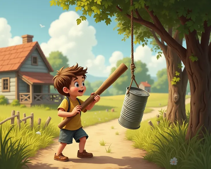 A boy knocks a stick on a hanging tin can,  summer weather , grass.  country road , farmhouse