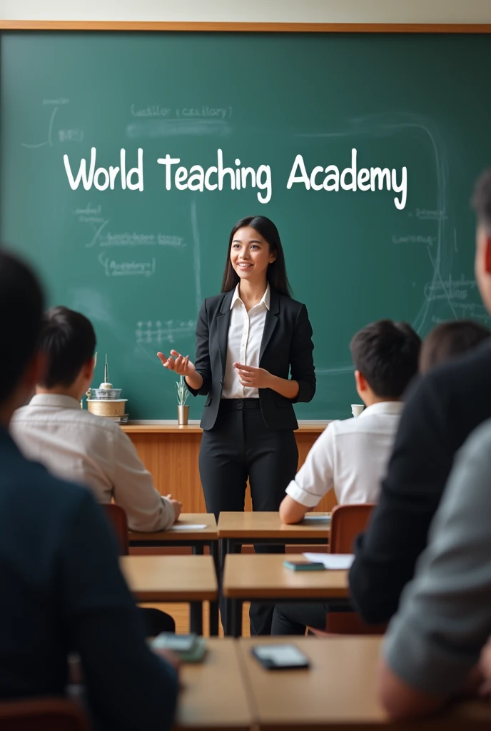 A Teacher tech in the class room in Front of students. And there was wrote "World teaching Academy " on the board