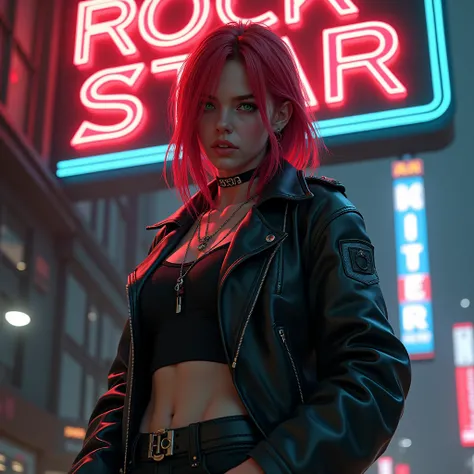 Create an avatar in the style of realism. For a girl with red hair and green eyes. With the nickname Kitty. black clothes. biker. cyberpunk style. Large neon sign on the building “rock star”