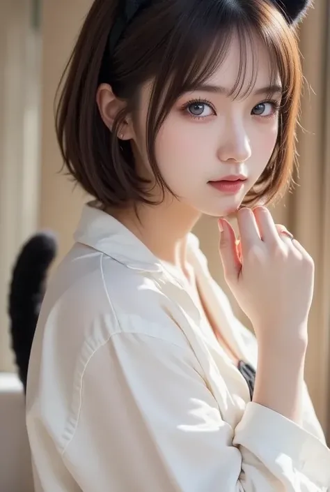 Close-up of a young woman with dark bobbed hair and cat ears, wearing a white oversized shirt.  Her makeup is delicate and emphasizes her eyes and lips. She has a slightly playful expression, with her hand gently touching her chin. A black cat tail extends...