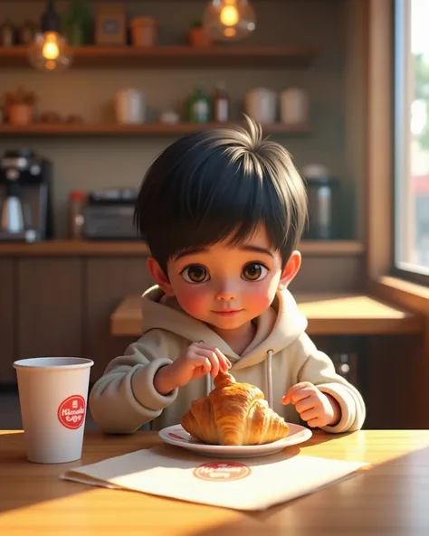 A   boy who is  small baby  light-skinned pakistani looking and black haired, is seated at a cafe table.  The  wears a light beige, hooded sweatshirt.  The  is positioned slightly off-center to the left of the image.  They are facing the camera and are act...