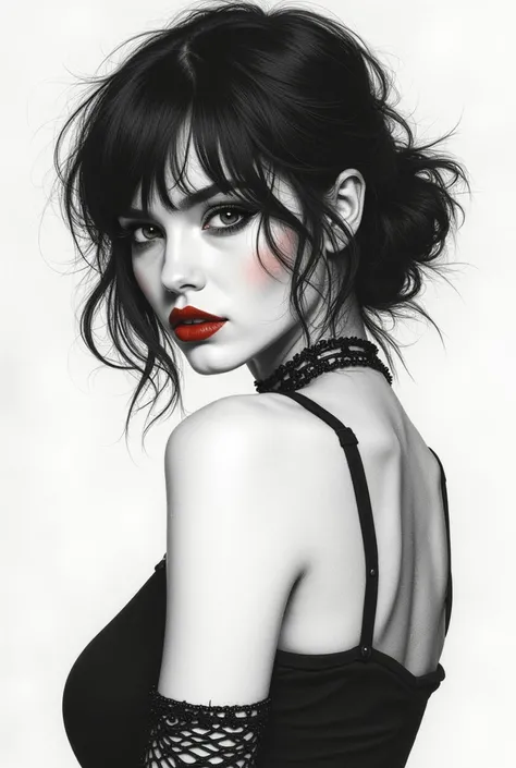 Young Emo Woman’s face drawn in pencil - black and white, pin-up style, red lips, 3/4 view