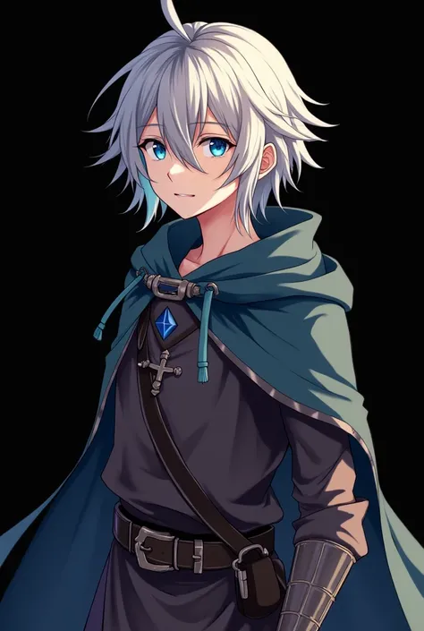 anime, medieval - 23 year old vagabond with silver hair and blue eyes,  flamed , standing in front of a black background 