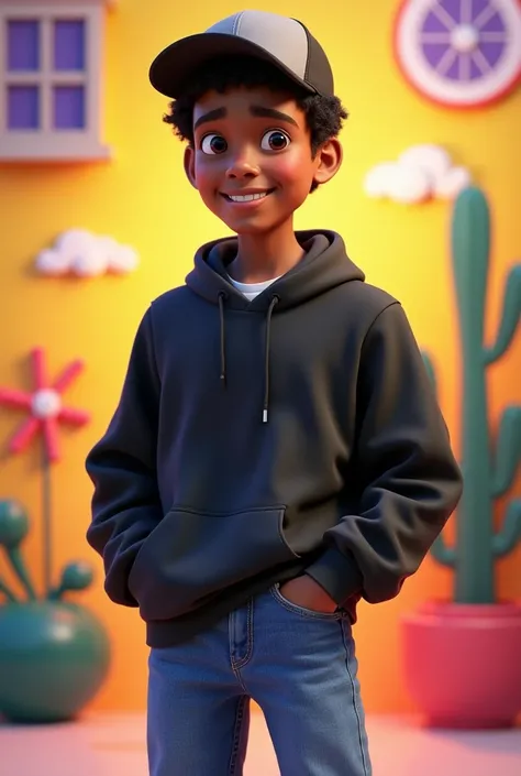  Create a Pixar-inspired full-body 3D poster for an 18-year-old male ager, negro, with white lid ,  black sweatshirt , Put on your jeans while wearing a cap