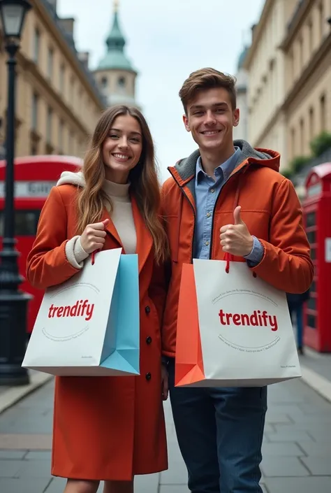 "Two fashionable individuals, a young woman and a young man, standing together and introducing the Trendiiify Store. The girl is holding shopping bags with the Trendiiify logo, while the boy gestures enthusiastically, sharing positive thoughts about the st...