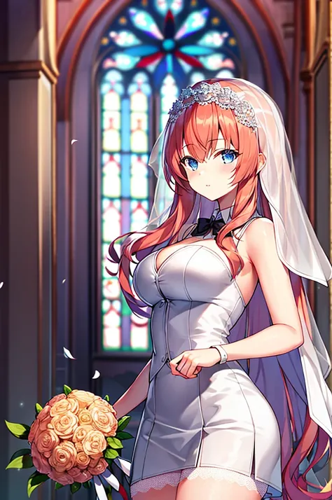 masterpiece,  best quality,  high resolution, nnn1,  1 girl,  headbands ,  long hair, wedding dress,  miniskirt, wedding_Veil, , bouquet,  church,  cowboy shooting,  Staring at the Audience , orange hair，Ichinose Fanna，