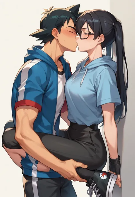 1 ,  black hair,  brown eyes,  between the eyes , Ash ketchum, red cap, blue shirt,  black pants , handsome boy, eyes,  Handsome Guy, 1 girl, anime pokemon ,  long hair, breasts, blush,  Bangs ,  black hair,  twin tails , long sideburns,  black hair, 2 pon...