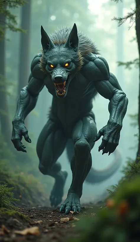 "A monstrous humanoid hybrid of a wolf and snake slithering menacingly through a misty forest clearing, muscular build with snake-like scales and wolf-like fur, glowing eyes, sharp fangs, and a coiled lower body, soft sunlight filtering through the trees, ...