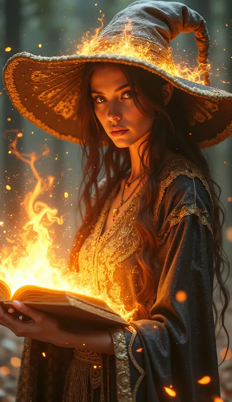 amazing quality, masterpiece, best quality, hyper detailed, ultra detailed, UHD, perfect anatomy, magic world, face to viewer, looking at viewer, a great female master, wearing witches robe and hat, spell fire magic, (white hybrid gold:1.3) energy flow, en...