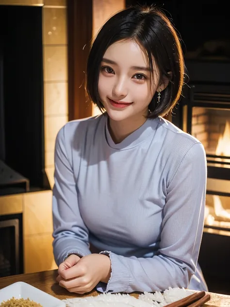 ( beautiful 21-year-old Japanese girl ), ( small breasts :1.5),(solo, 1 girl in the best, Textured Skin, best quality,  more details),(( black hair,  dark eyes, natural makeup, simple earrings, seductive smile, short bob hair)),((( Fireplace Room,Night lig...