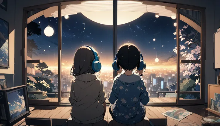 Create a scene of a 25-year-old woman looking out the window, Listening to music on headphones, In a quiet and relaxing environment, Short black hair, View from behind, Gazing at the horizon, At night, and through the window you can see fireflies and a bea...