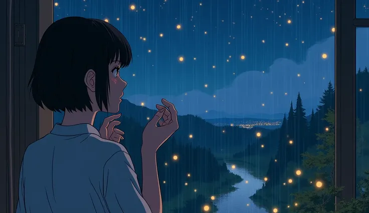 Create a scene of a 25-year-old woman looking out the window, Listening to music on headphones, In a quiet and relaxing environment, Short black hair, View from behind, Gazing at the horizon, At night, and through the window you can see fireflies and a bea...