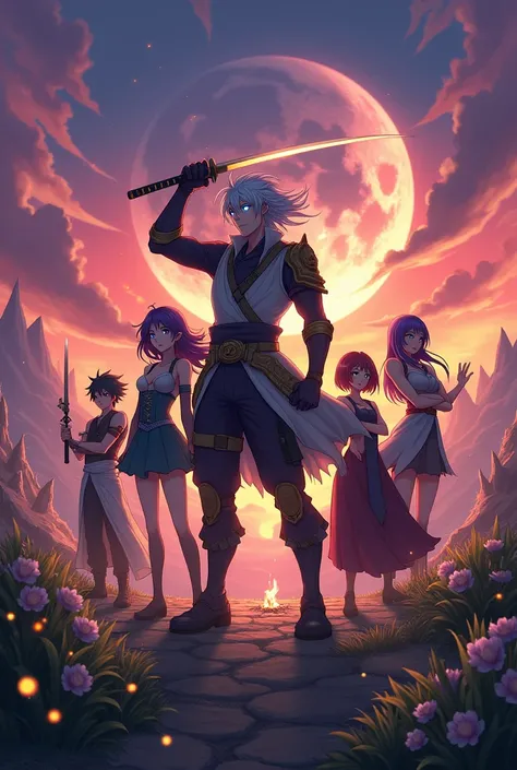 A dynamic team of five anime characters strikes a heroic pose, exuding confidence and unity. The leader, a tall figure with windswept silver hair and glowing blue eyes, stands front and center, holding a gleaming katana aloft. To their right, a petite mage...